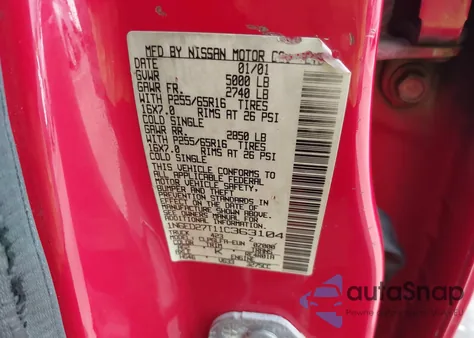 2001 Nissan Frontier Se-V6 z USA, uszkodzony, nr VIN 1N6ED27T11C363104